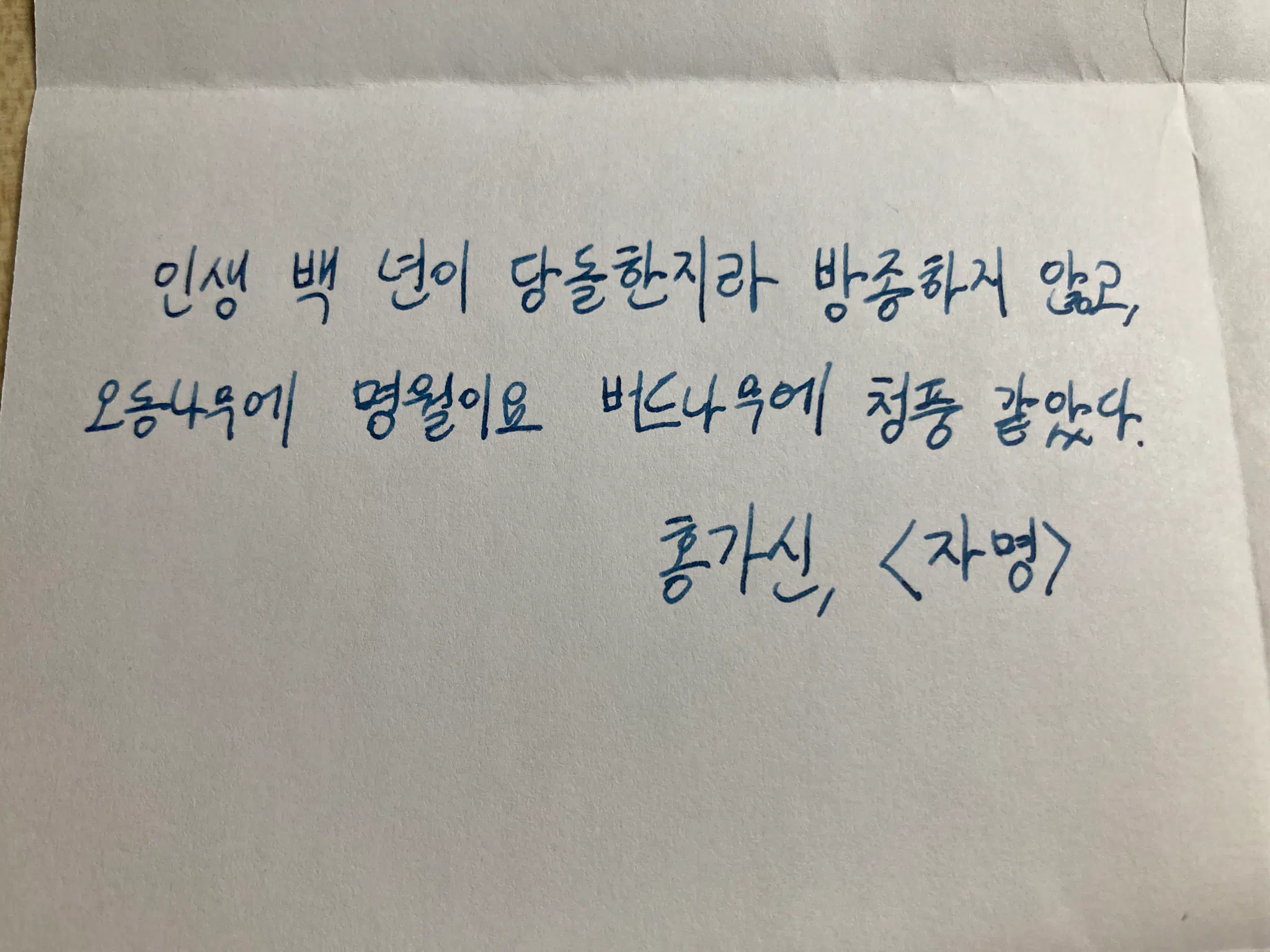 인성 백 년이 당돌한지라 방종하지 않고,
오동나무에 명월이요 버드나무에 청풍 같았다.
— 홍가신, 〈자명〉
